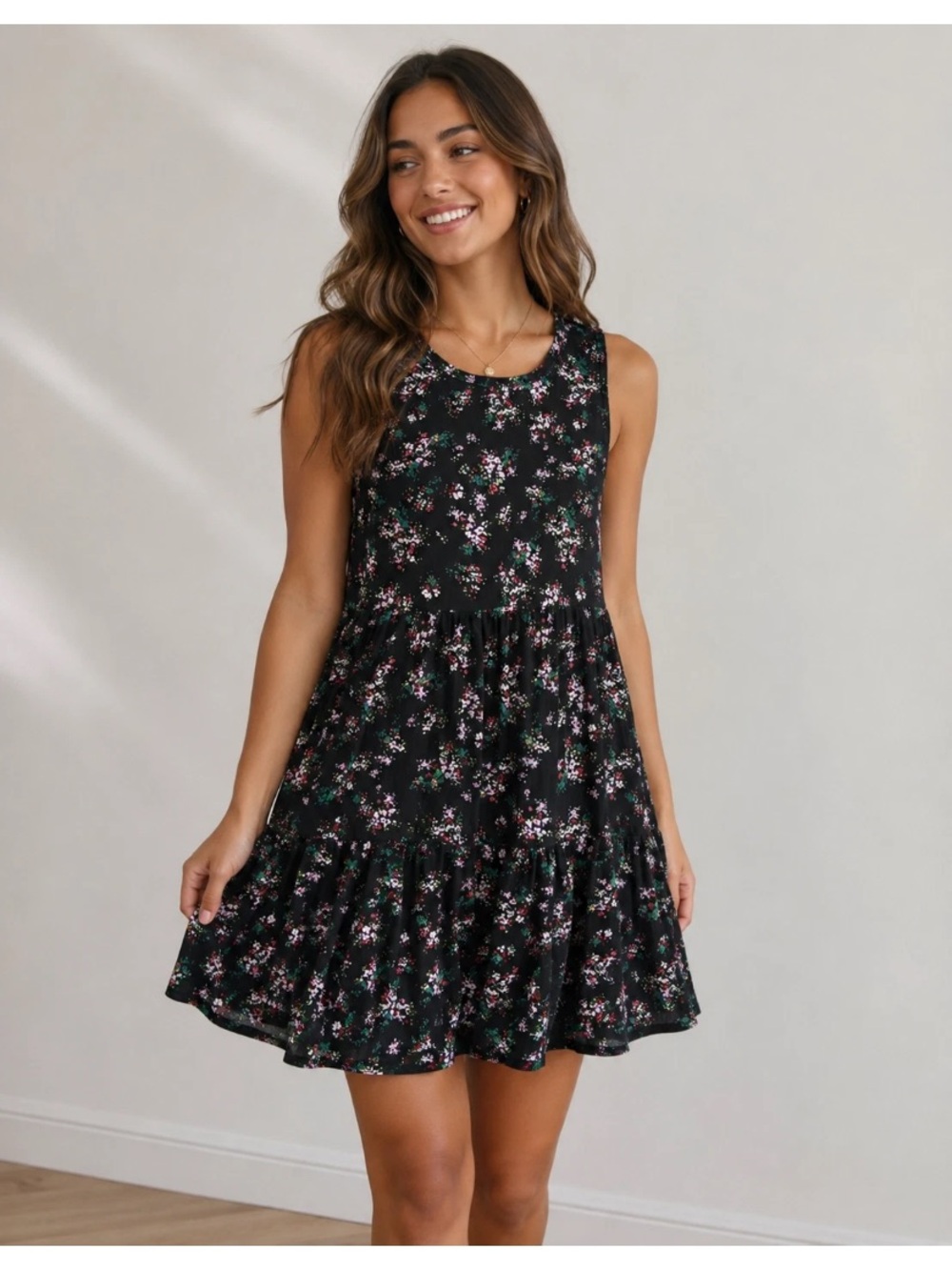 Afrm Wilde Babydoll Mesh Mini Dress in Noir Wild Flower